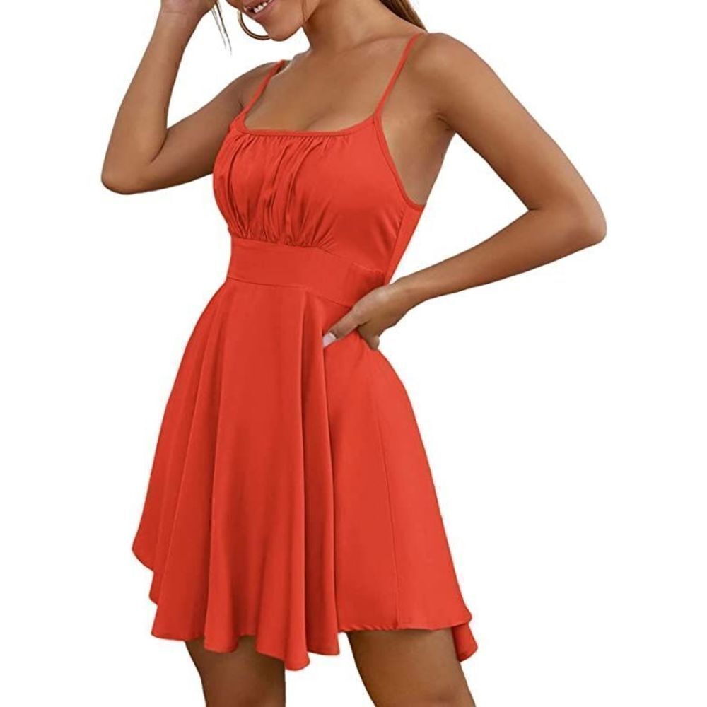 Verdusa XS Spaghetti Strap Scoop Neck Ruched Pleated Flared Cami Slip Dress